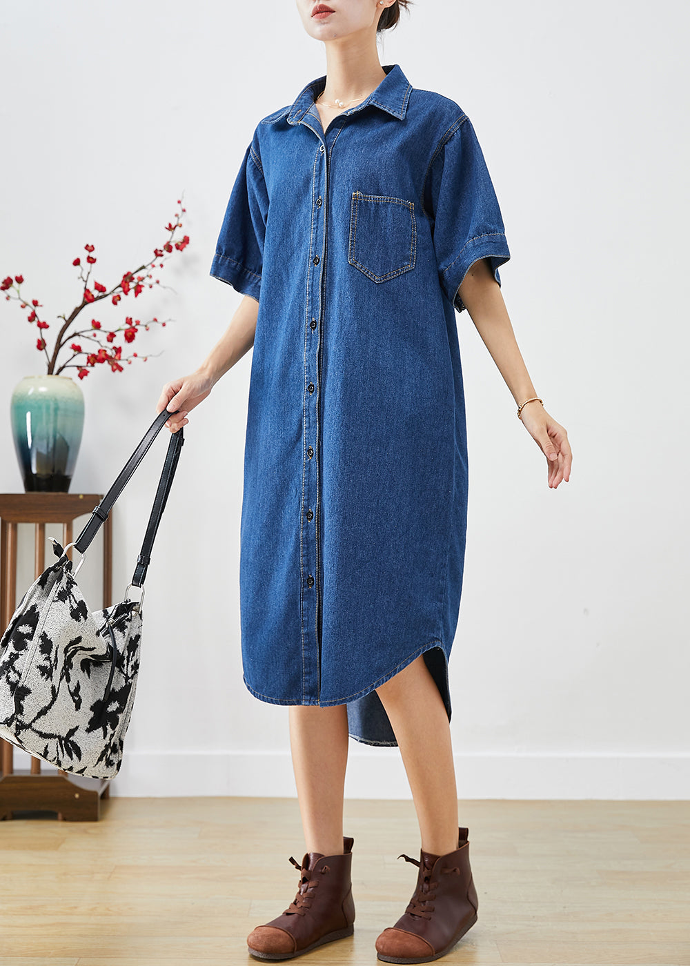 Navy Fitted Peter Pan Collar Slim Fit Denim Long Robes Summer