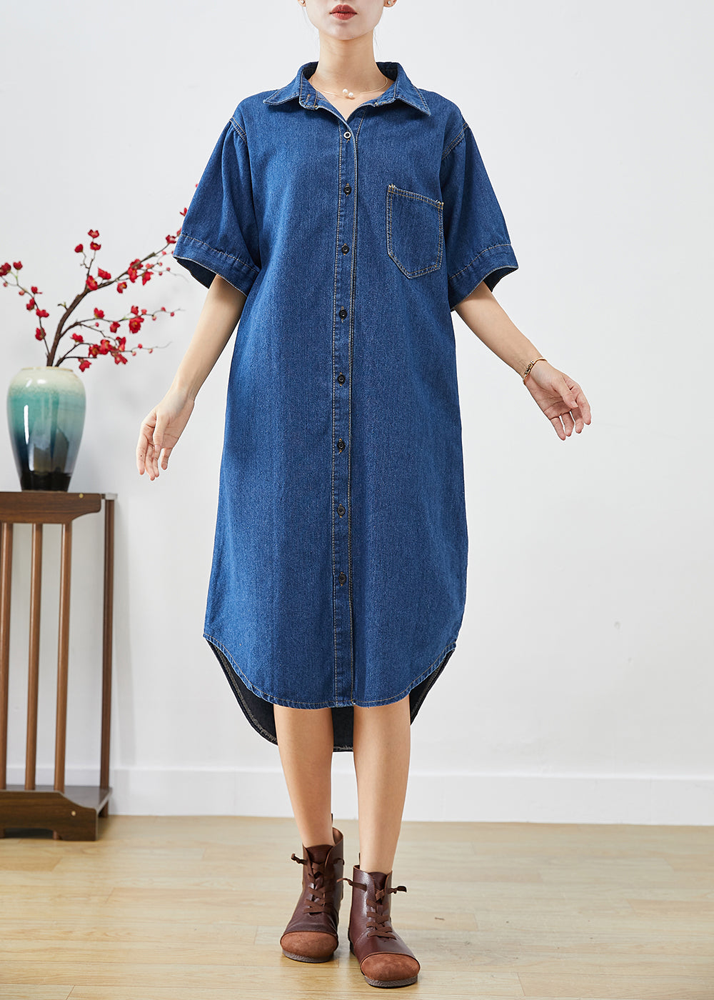 Navy Fitted Peter Pan Collar Slim Fit Denim Long Robes Summer