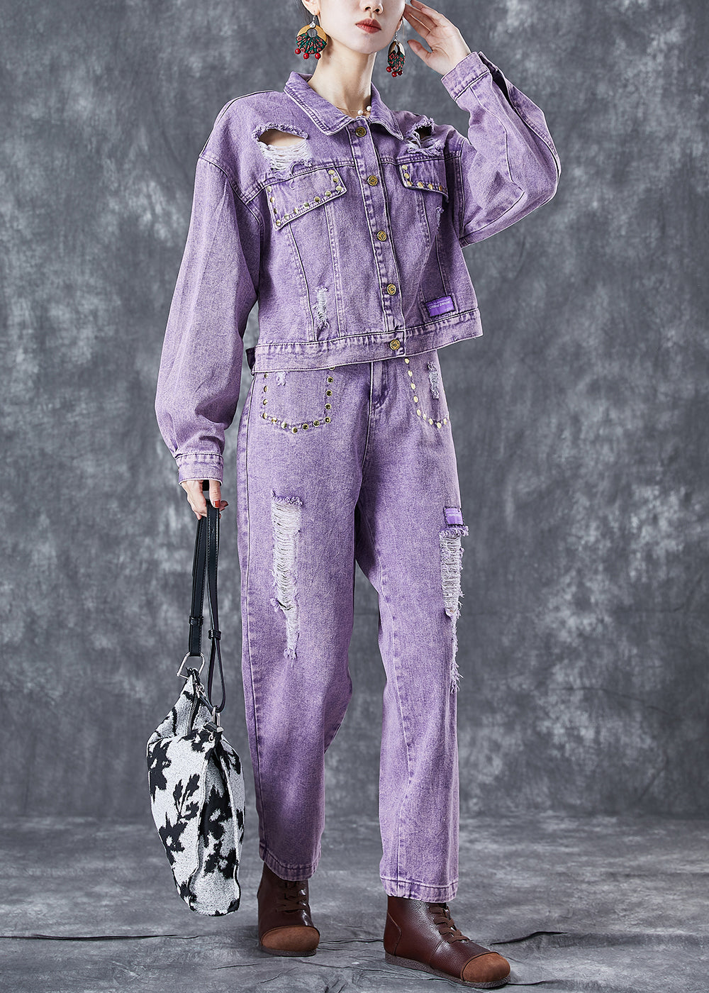 Purple Purple Hollow Out Rivet Denim deux pièces Set Summer