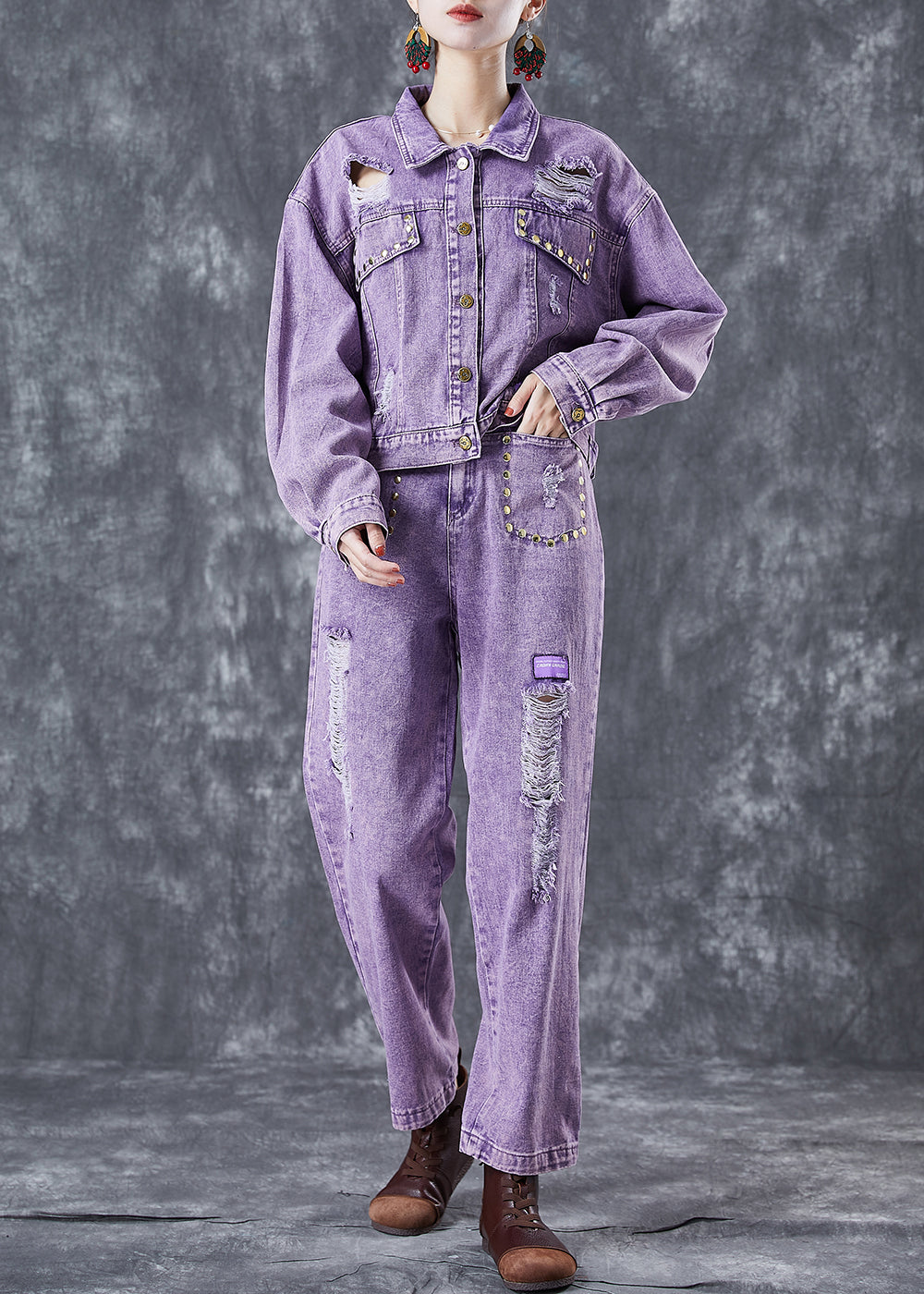 Purple Purple Hollow Out Rivet Denim deux pièces Set Summer