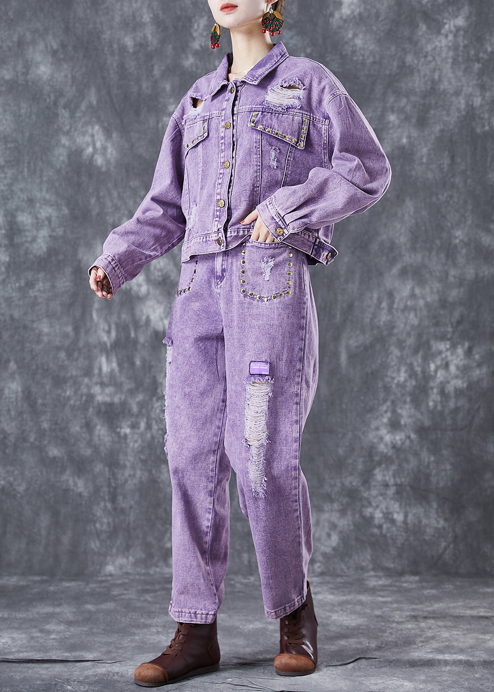 Purple Purple Hollow Out Rivet Denim deux pièces Set Summer