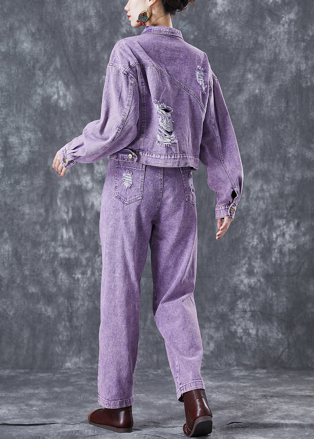 Purple Purple Hollow Out Rivet Denim deux pièces Set Summer