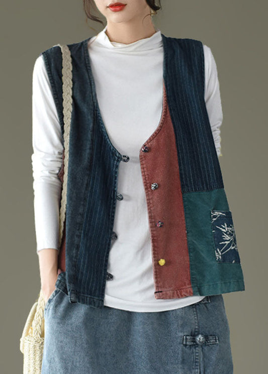 Bouton en V ajusté patchwork chars denim sans manches