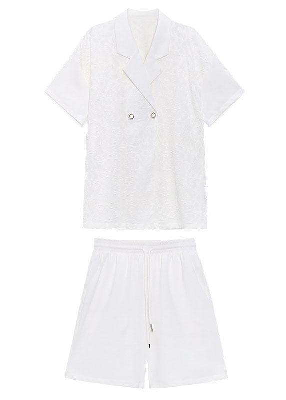 Fitted White Notched Button Down Two Pieces Set - SooLinen