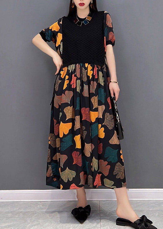 Floral Colour O-Neck Print Pleated Dress Short Sleeve