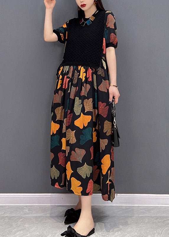 Floral Colour O-Neck Print Pleated Dress Short Sleeve