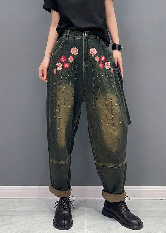 Floral Rivet Patchwork Denim Poches Harem Pantal