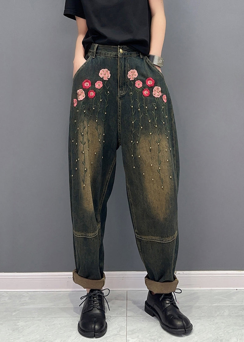 Floral Rivet Patchwork Denim Poches Harem Pantal