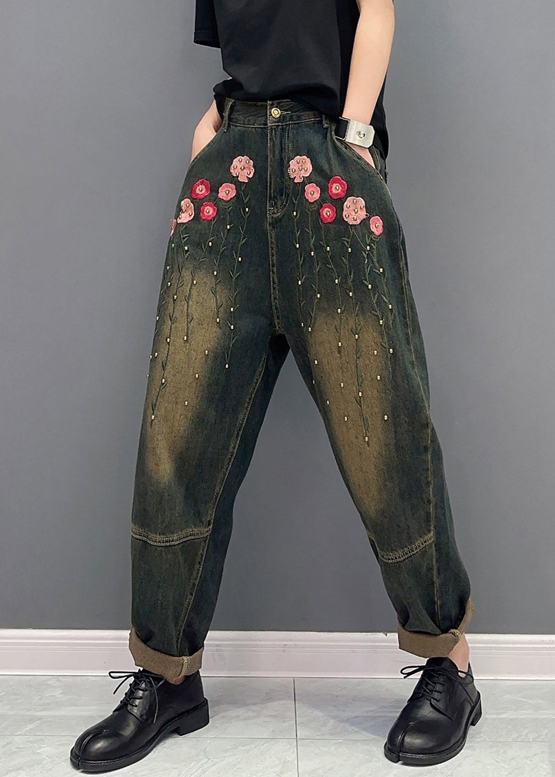 Floral Rivet Patchwork Denim Poches Harem Pantal