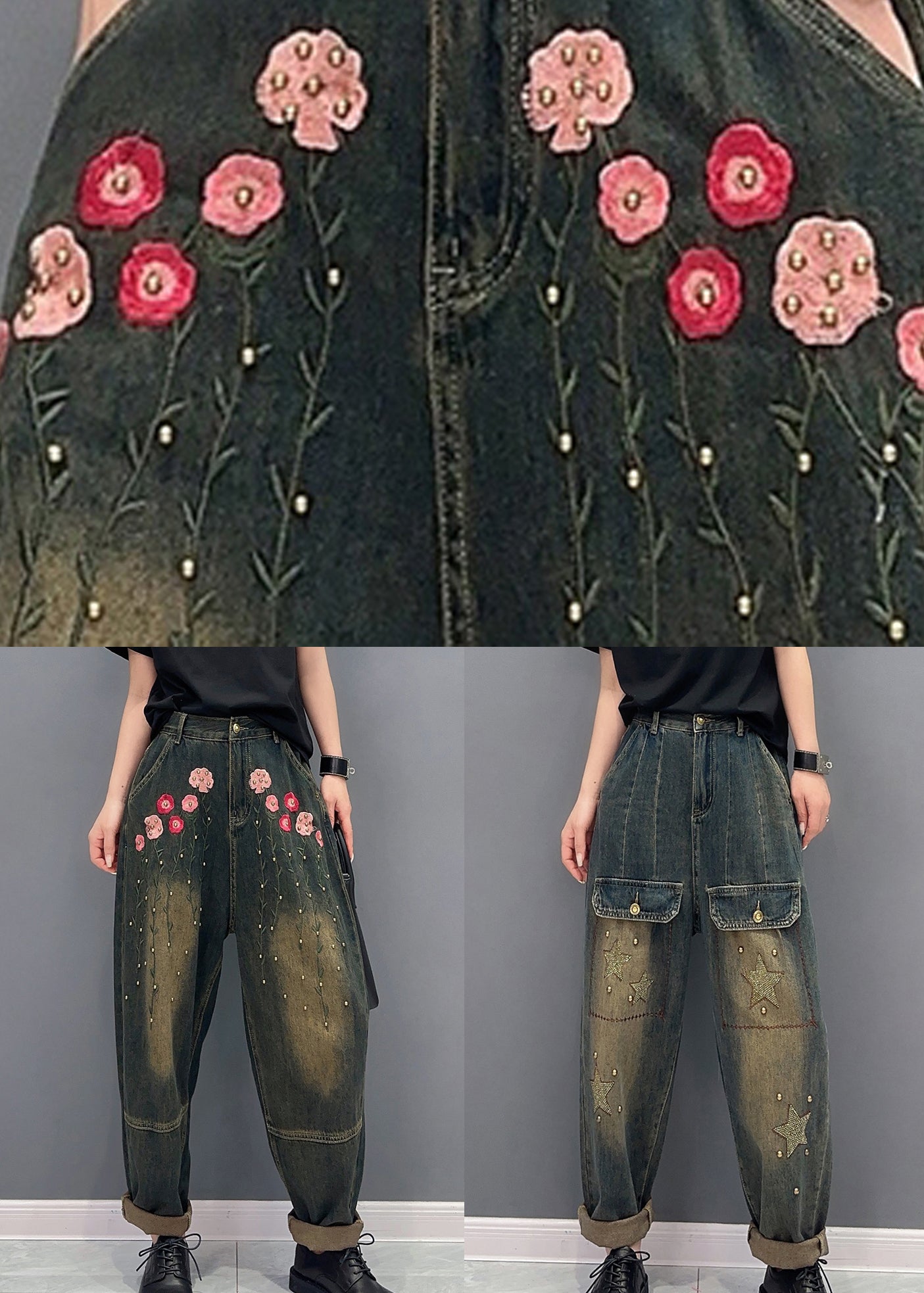 Floral Rivet Patchwork Denim Poches Harem Pantal