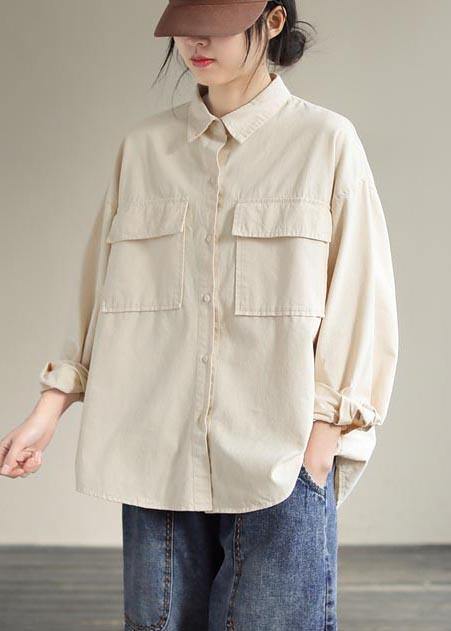 French Beige Tops Women Lapel Pockets Daily Spring Shirt - SooLinen