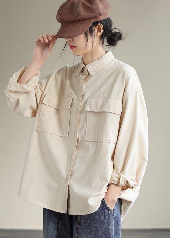 French Beige Tops Women Lapel Pockets Daily Spring Shirt - SooLinen