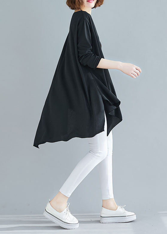 French Black Asymétrical Cotton Blouse Top Printemps