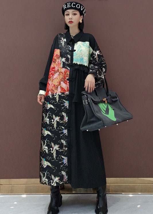 French Black Asymmetrical Print shirts Long Dress Spring