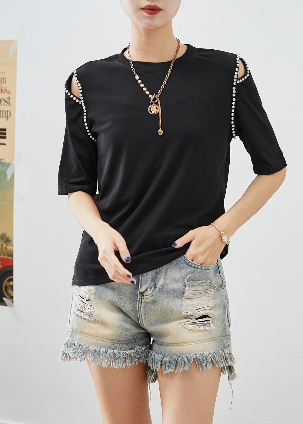 French Black Cold Shoulder Zircon Cotton Blouse Tops Half Sleeve