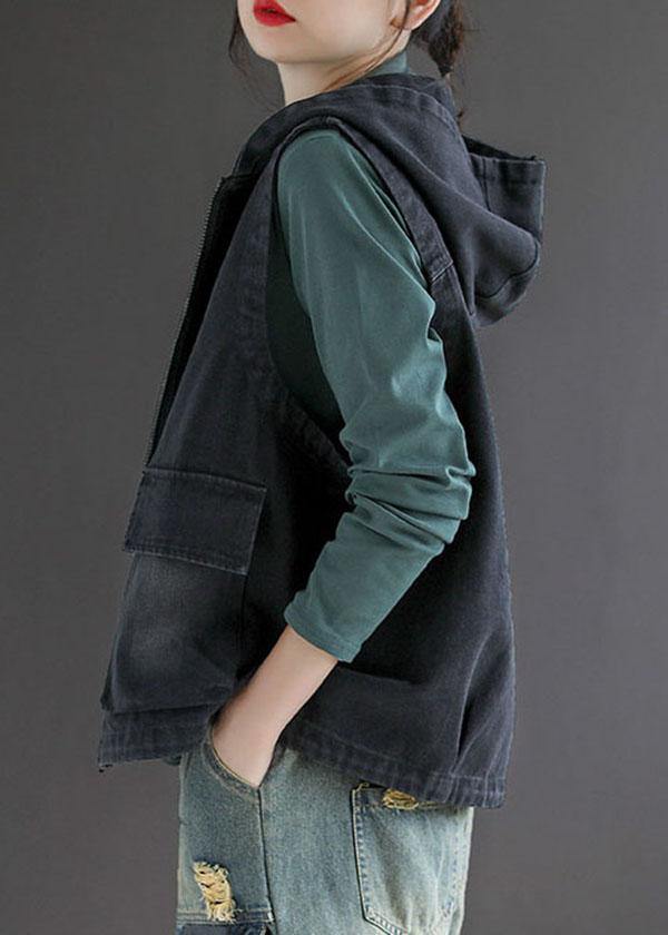 French Black Denim hooded Patchwork Fall Waistcoat Sleeveless - SooLinen