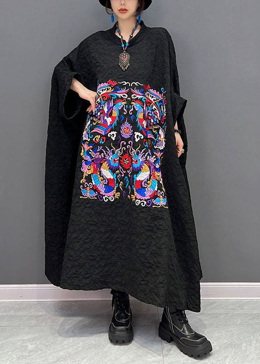 French Black Embroideried Wrinkled Dresses Gown Batwing Sleeve