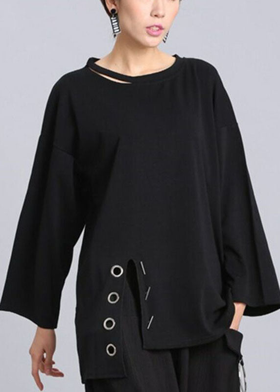 French Black O-Neck Asymmetrical design Fall Long sleeve Top