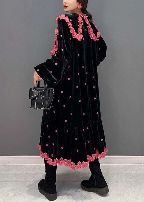 French Black O Neck Floral Silk Velour Maxi Dress Winter