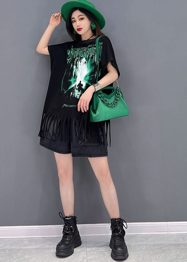 French Black O-Neck Tassel Print Cotton Tank Tops Short Sleeve