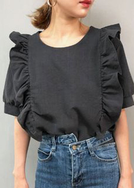 Patchwork noir français Ruffles Cotton Blouse Top Lantern Sleeve