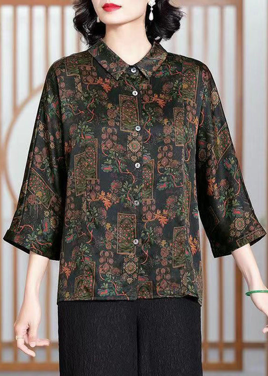 French Black Peter Pan Collar Print Button Shirts Silk Bracelet Sleeve