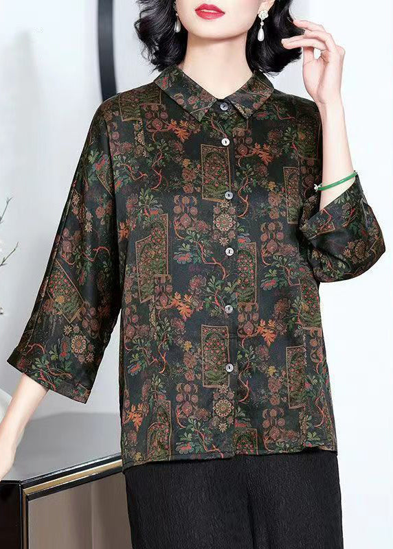 French Black Peter Pan Collar Print Button Shirts Silk Bracelet Sleeve