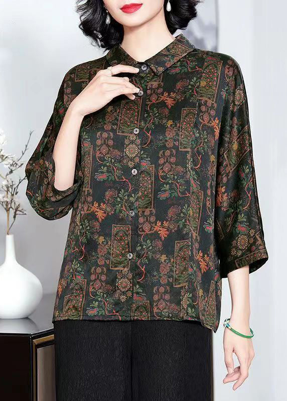 French Black Peter Pan Collar Print Button Shirts Silk Bracelet Sleeve