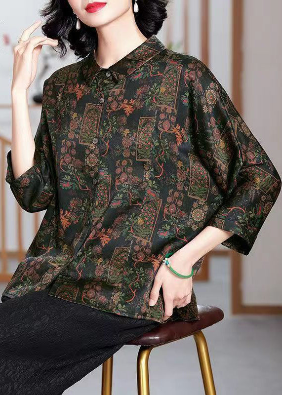 French Black Peter Pan Collar Print Button Shirts Silk Bracelet Sleeve