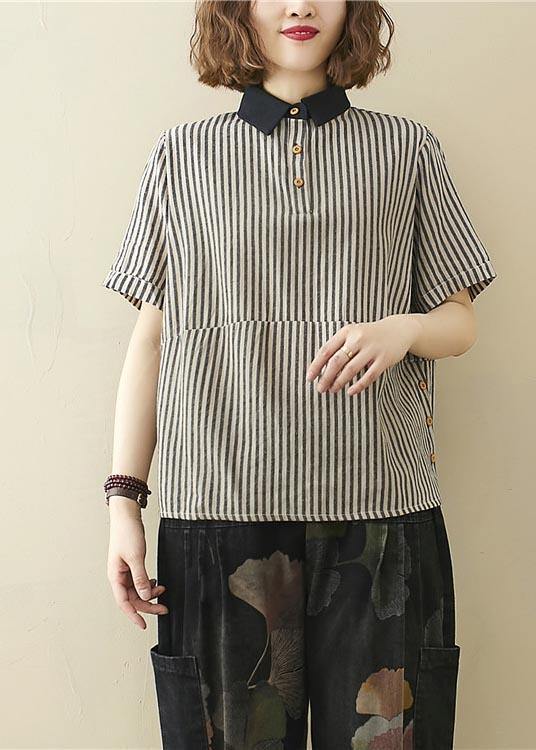 French Black Striped Turn-down Collar Linen Summer Top - SooLinen