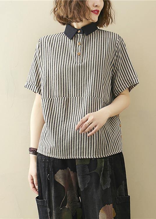 French Black Striped Turn-down Collar Linen Summer Top - SooLinen