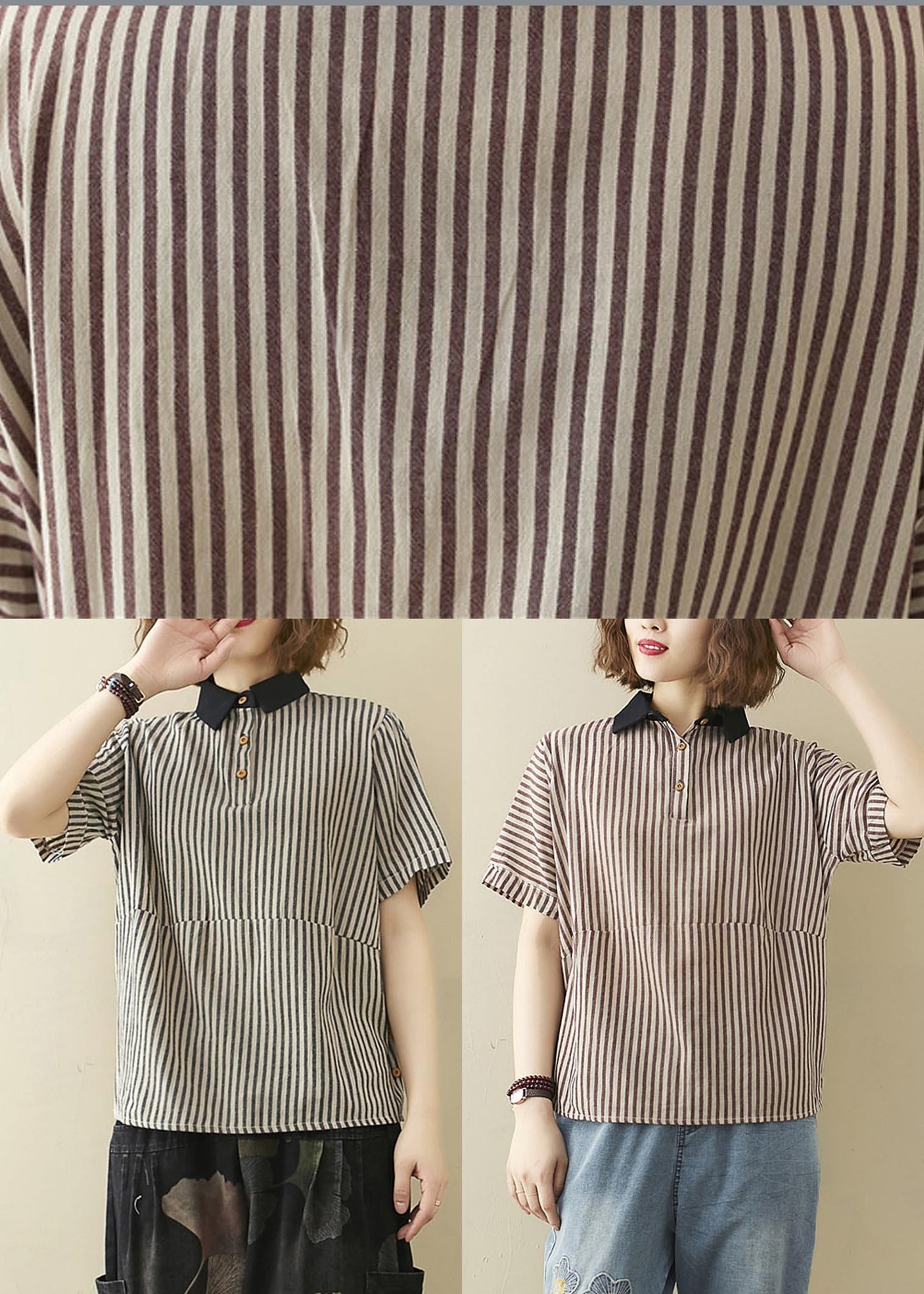 French Black Striped Turn-down Collar Linen Summer Top - SooLinen