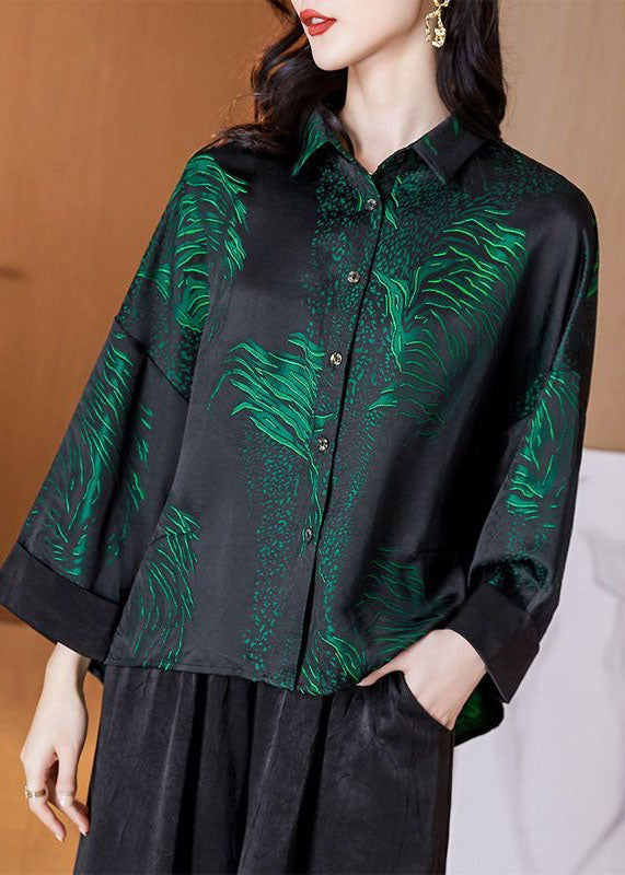 French Blackish Green Peter Pan Collar Patchwork Patchwork Shirts en soie à manches longues