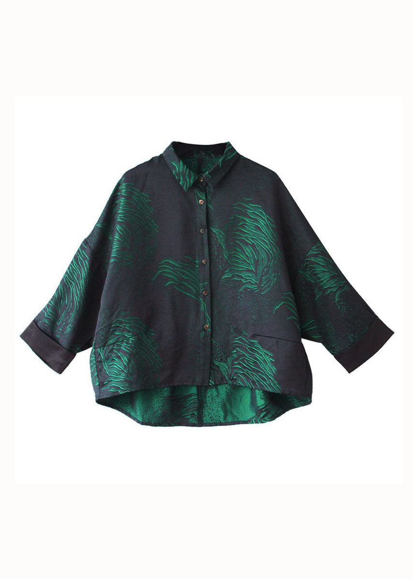 French Blackish Green Peter Pan Collar Patchwork Patchwork Shirts en soie à manches longues