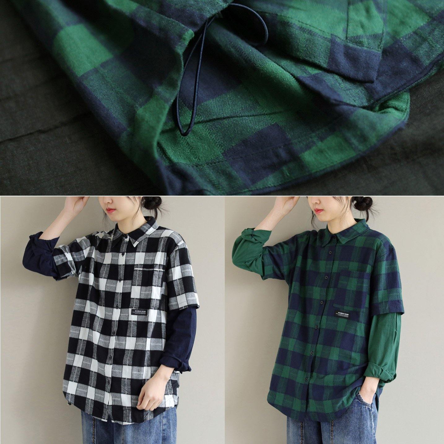 French Blue Green Plaid Tops Women Blouses Lapel False Two Pieces Shirts - SooLinen