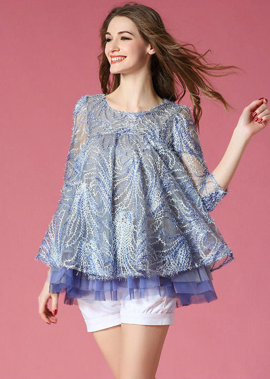 French Blue O-Leck brodé Hollow Out TULLE A LINE TOPS PRINTEMPS