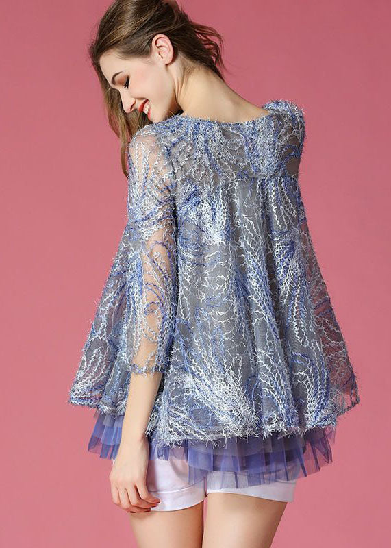 French Blue O-Leck brodé Hollow Out TULLE A LINE TOPS PRINTEMPS