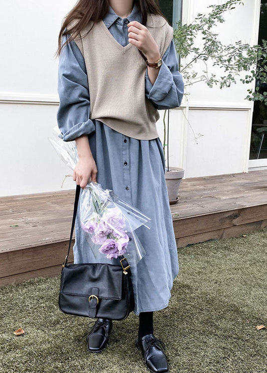 French Blue Peter Pan Collar Denim Shirts Robe and Gile Two Pieces Printemps