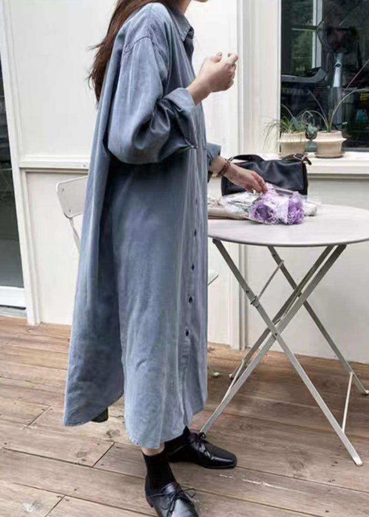 French Blue Peter Pan Collar Denim Shirts Robe and Gile Two Pieces Printemps