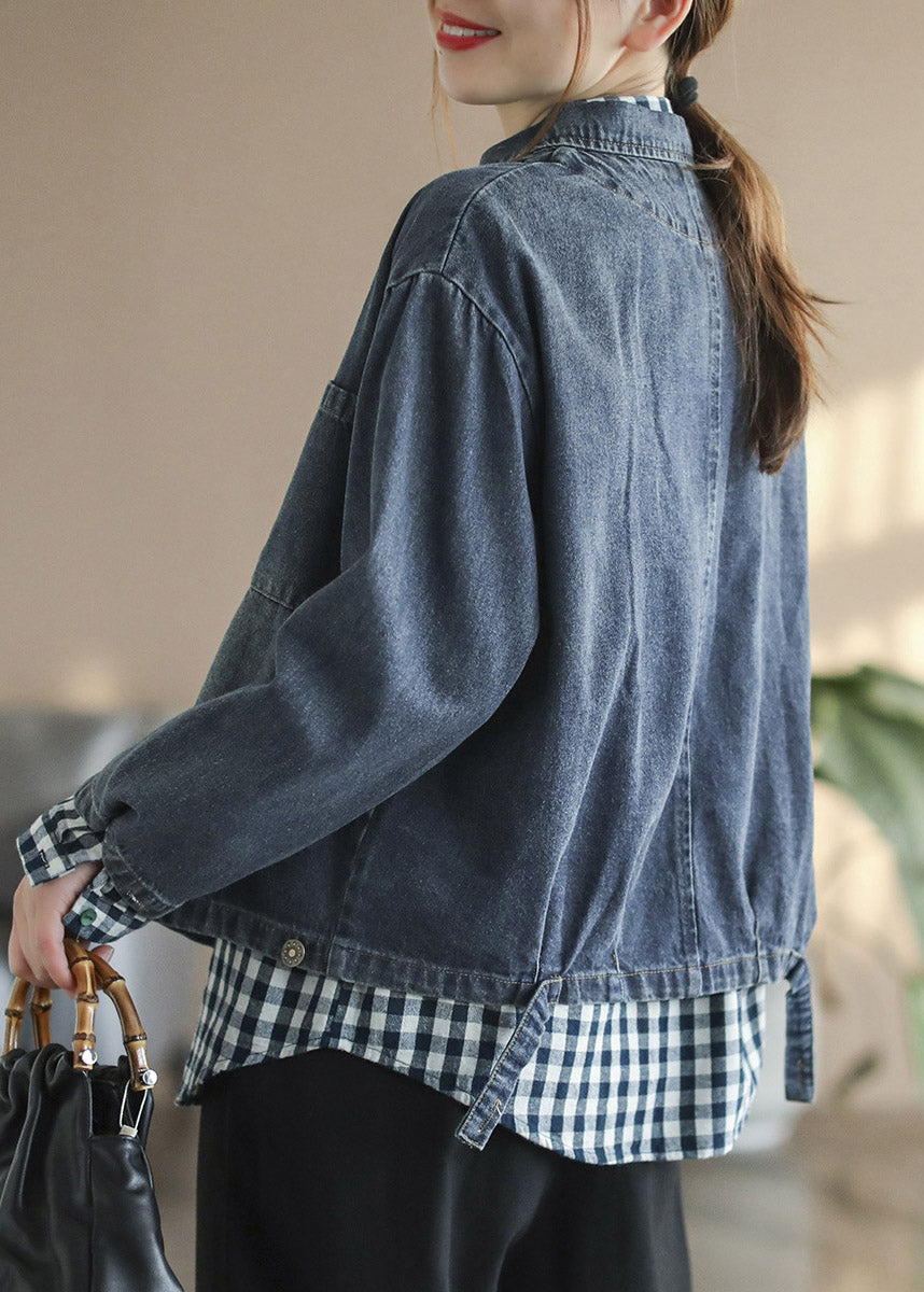 French Blue Peter Pan Collar Patchwork Button Coton Cotton Denim Coats Spring