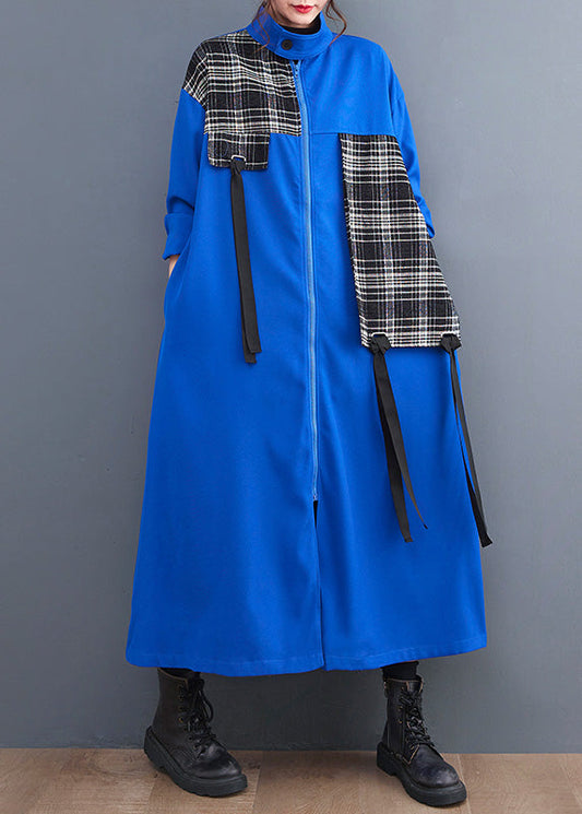 French Blue Peter Pan Collar Plaid Patchwork Zippered Long Trench Coats Spring