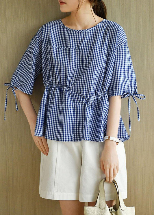 French Blue Plaid Patchwork Drawstring Summer Cotton Half Sleeve Blouse Top - SooLinen