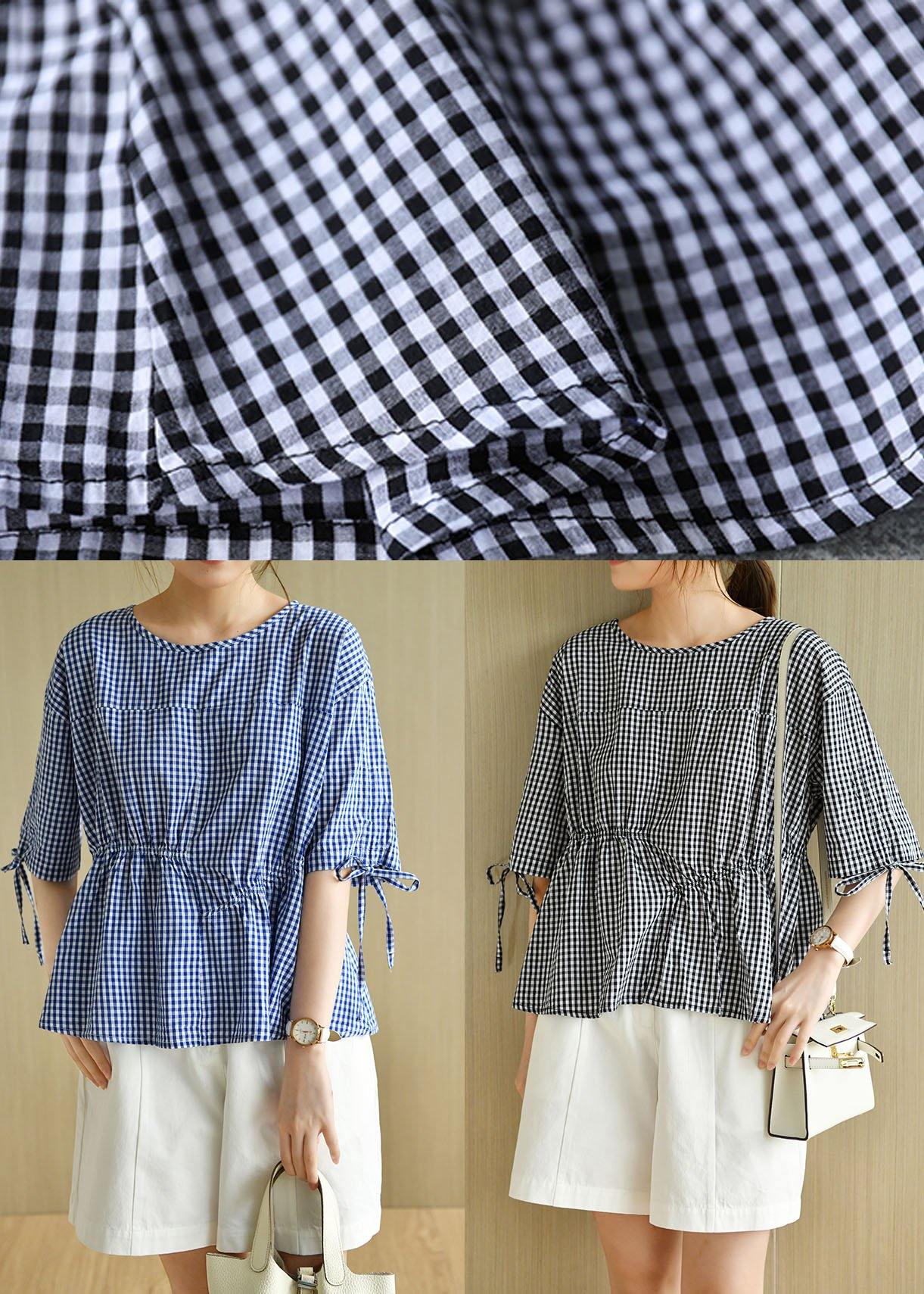 French Blue Plaid Patchwork Drawstring Summer Cotton Half Sleeve Blouse Top - SooLinen