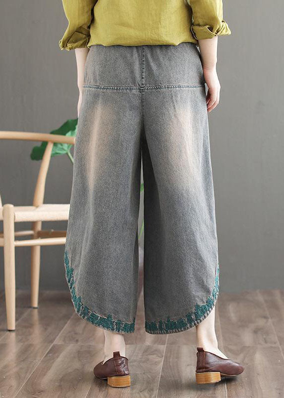 Poches bleues françaises Pantalon de la jambe large de jean d'automne brodé