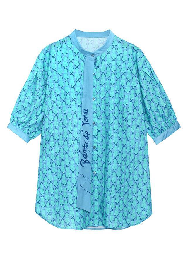 French Blue Print Button Patchwork Top Summer - SooLinen