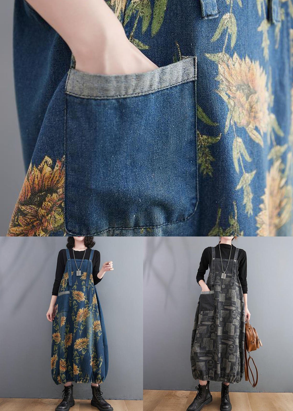 French Blue Print Denim Spaghetti Sangle Robes printemps