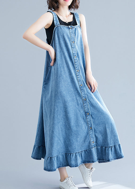 Robe de sangle de chottes en coton en coton bleu français Summer