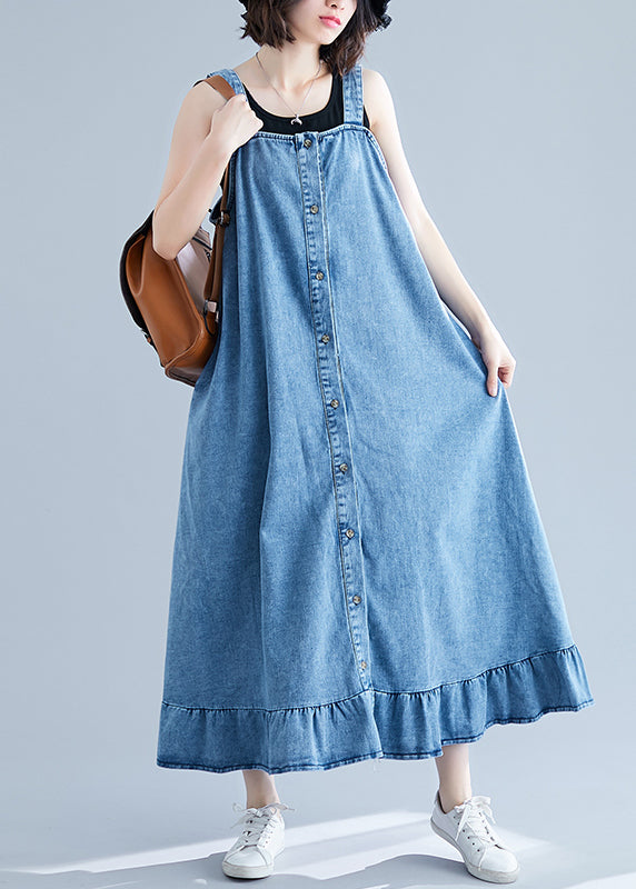 Robe de sangle de chottes en coton en coton bleu français Summer