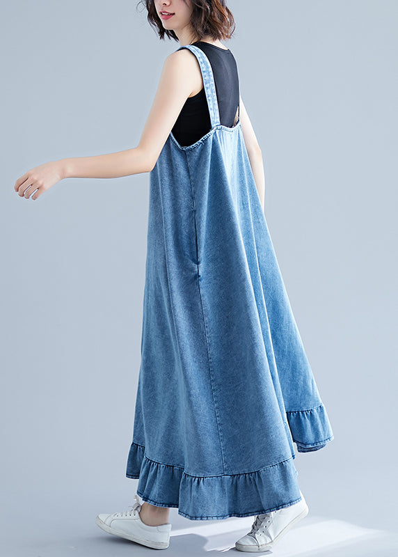 Robe de sangle de chottes en coton en coton bleu français Summer