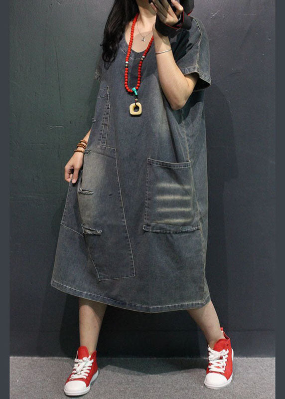 French Blue V Neck Pockets Hole Fall Half Sleeve Denim Vacation Dresses